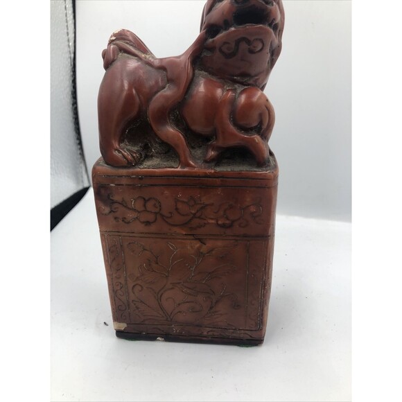 Vintage Chinese Soapstone Carved Foo Dog Library Bookend/ Brown Engraved Floral! - Picture 4 of 12